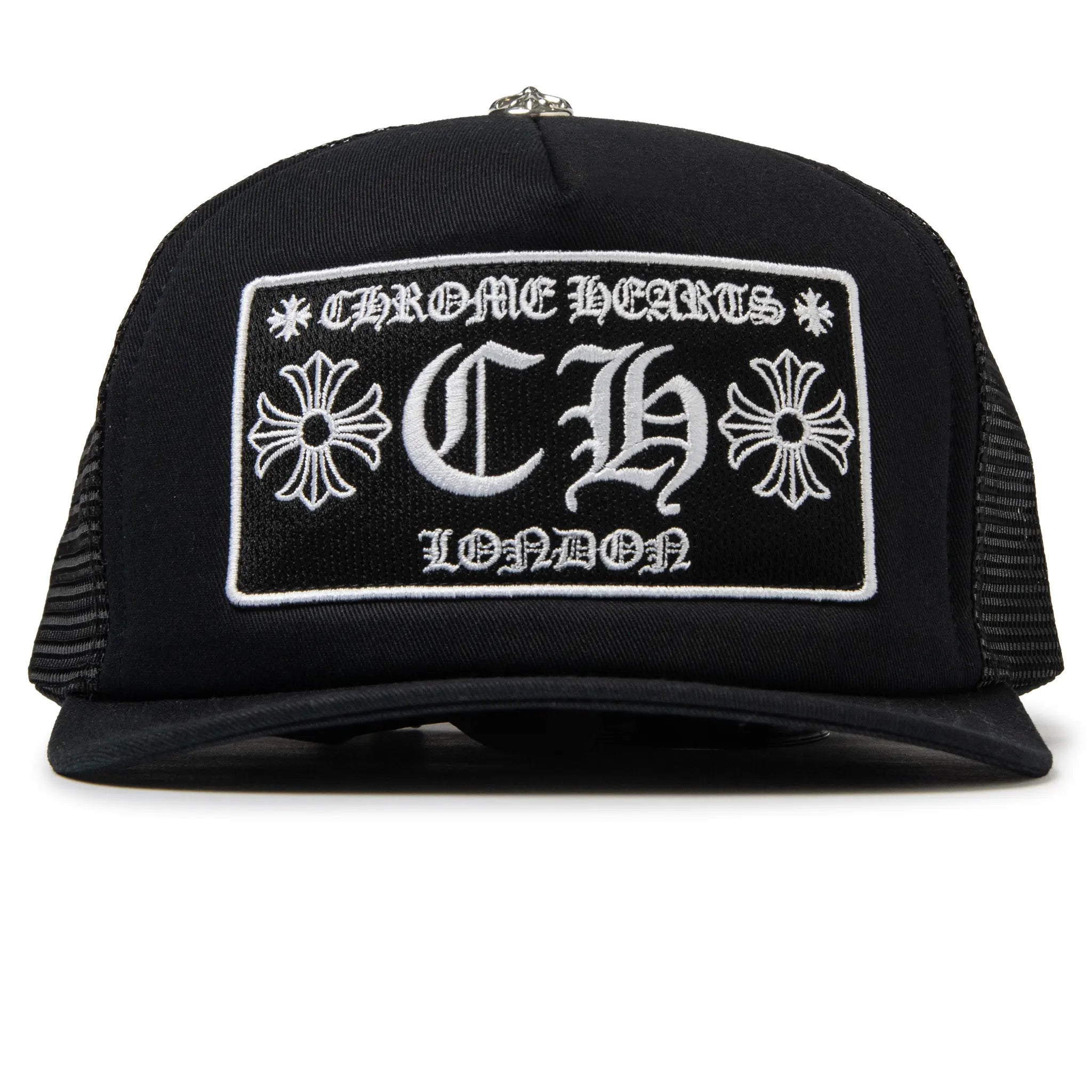Front View of Chrome Hearts CH London Black Trucker Cap